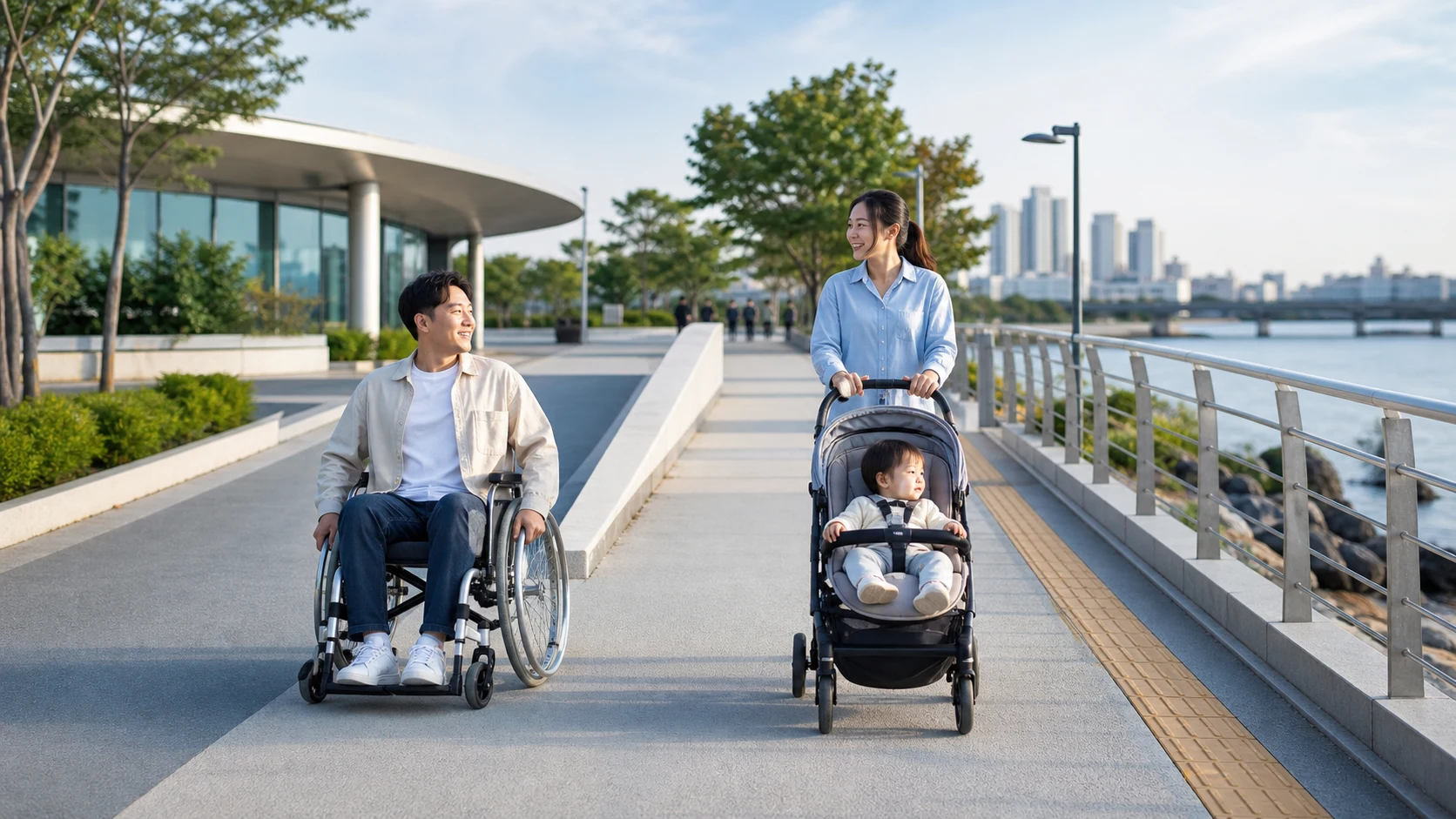 Clean accessible Korean tourist walkway with wheelchair and stroller access