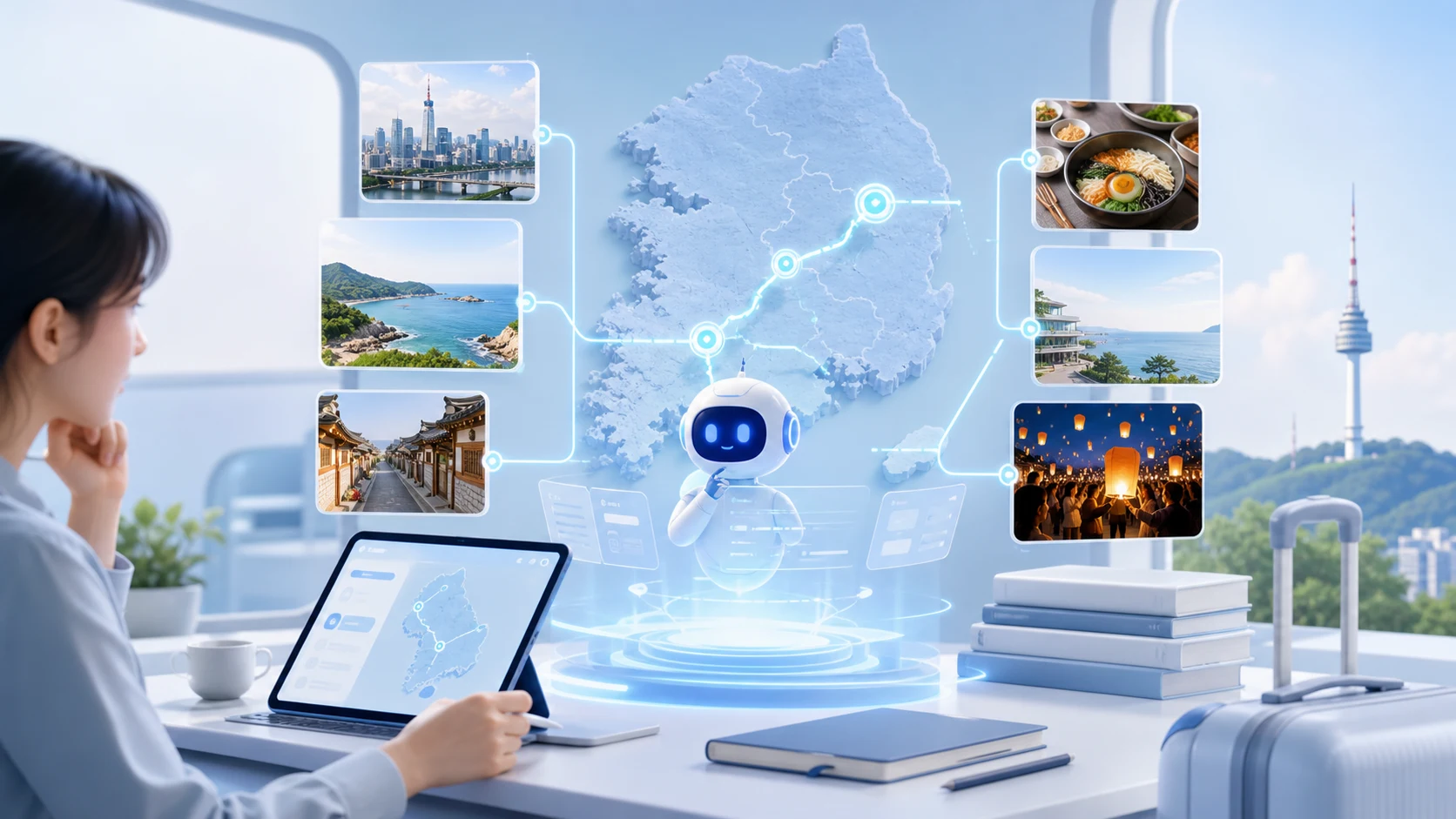 Restrained AI itinerary curation visual for Korean travel planning