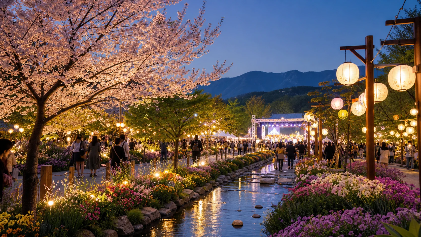 Elegant Korean local festival with flowers and evening lights
