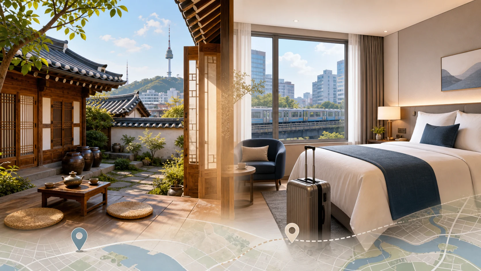Premium accommodation scene combining hanok stay and modern hotel mood