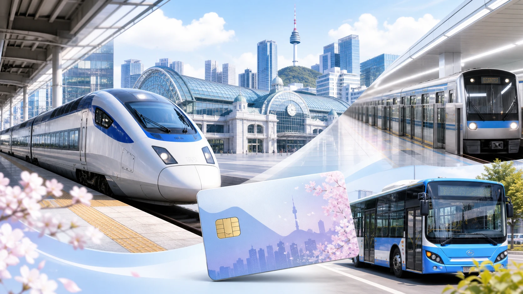Modern Korea transportation scene with train, subway, bus, and transit card