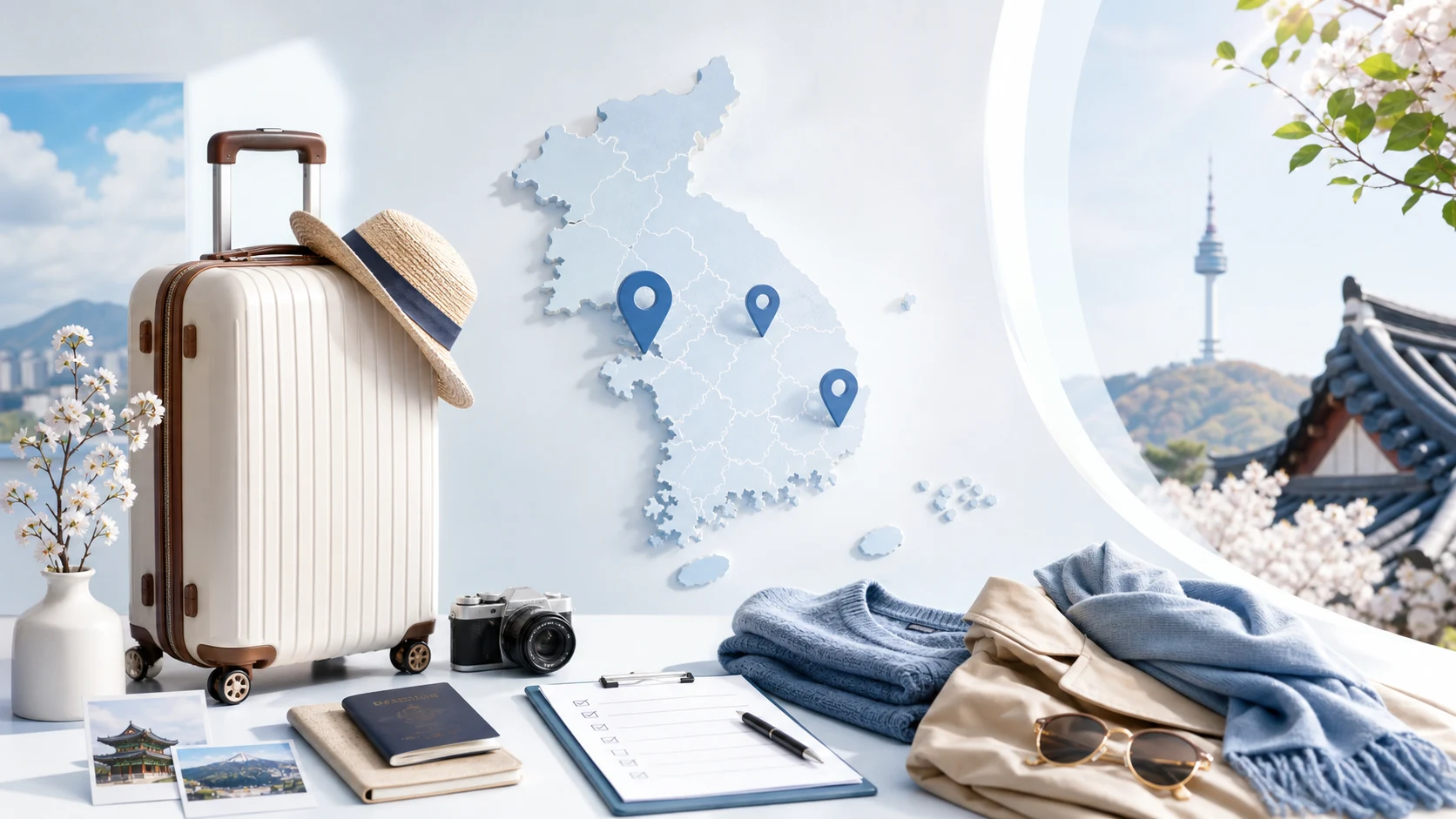 Premium travel preparation scene with a suitcase, Korea map, and checklist