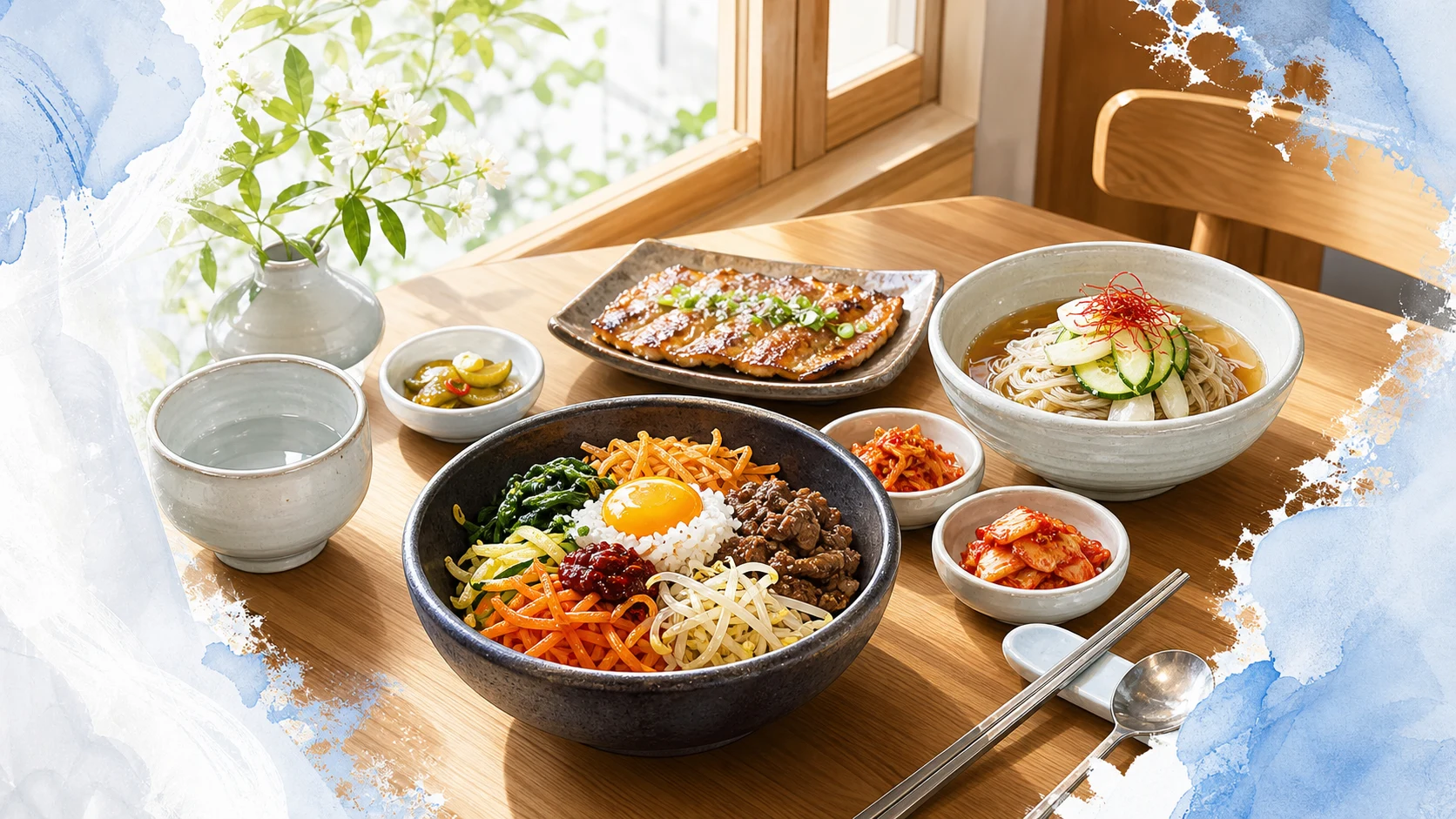 Premium Korean table with bibimbap, noodles, and side dishes