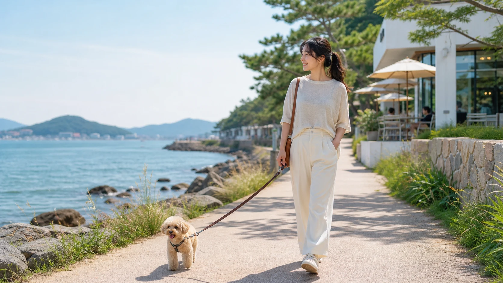Traveler walking with a dog on a clean Korean travel path