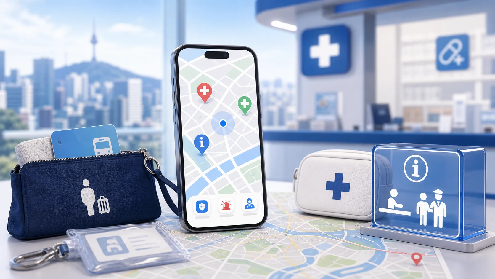 Trustworthy travel safety scene with map, phone, information desk, hospital and pharmacy hints